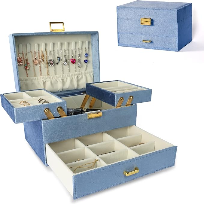 Dajasan Jewelry Organizer Box, Large Jewelry Boxes for Women Girls, Space-Saving 3 Layers Jewelry Storage Case with Drawer, Gift Idea for Christmas, Valentine's Day, Birthday, Mother's Day (Blue) by DAJASAN