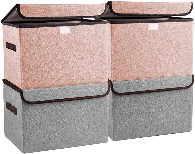 Bagnizer Linen Fabric Foldable Storage Cube Bin Organizer Basket with Flip-Top Lid & Handles, Large Clothes Blanket Box for Home, Office, Closet, Gray & Pink, 4 Pack 14.6 x 9.5 x 9.5” by Bagnizer
