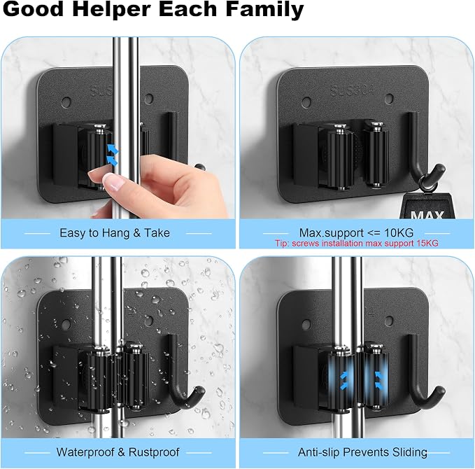 4 Pack Mop and Broom Holder Wall Mount - Stainless Steel Broom Mop Hanger - Wall Mounted Garden Tool Rack Organizer for Closet Garage Laundry Room Kitchen Decor (Black) - Image 5