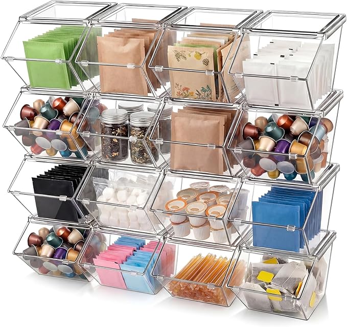 Yerliker 16 Pcs Clear Plastic Storage Bins with Lids Large Stackable Pantry Storage Organizer Bins Kitchen Organization Cabinet Organizers Ideal Containers for Fridge Kitchen abinets Bathroom