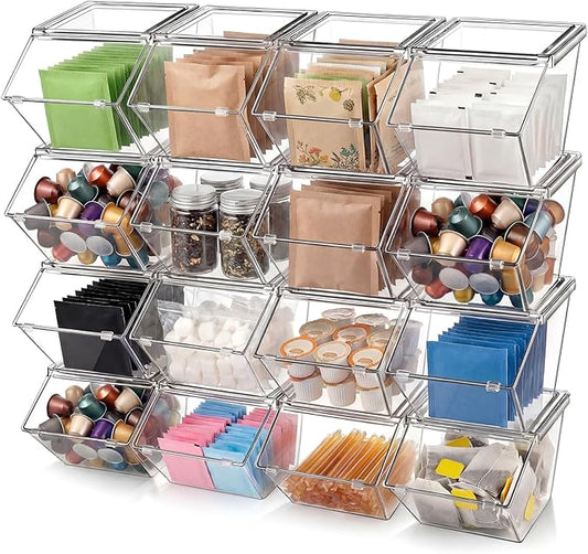 Yerliker 16 Pcs Clear Plastic Storage Bins with Lids Large Stackable Pantry Storage Organizer Bins Kitchen Organization Cabinet Organizers Ideal Containers for Fridge Kitchen abinets Bathroom