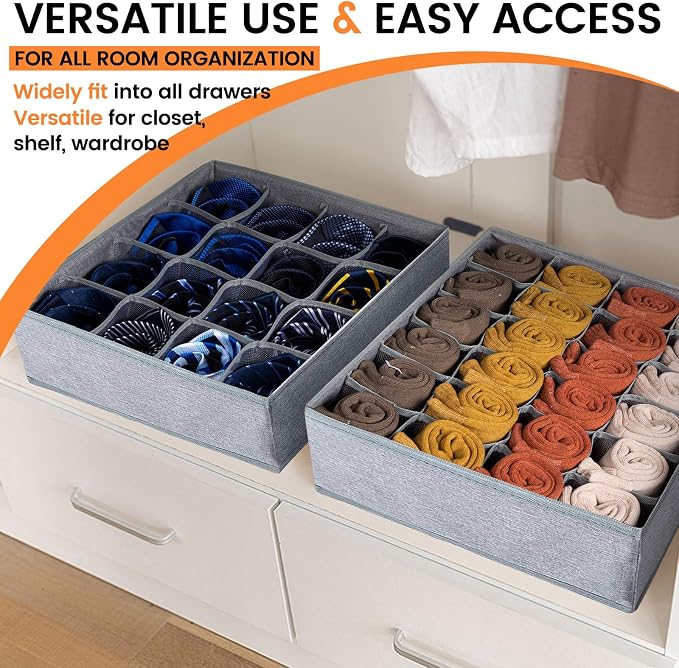 Criusia 3 Pack Sock Underwear Drawer Organizer Dividers, 64 Cell Fabric Foldable Dresser Organizer for Closet Organizers and Storage Boxes for Organizing Socks, Underwear, Ties (16+24+24 Cell, Gray) - Image 6