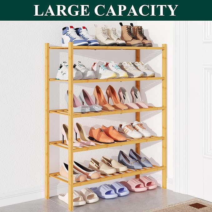 Smiry Bamboo Shoe Rack for Closet, 5 Tier Wooden Stackable Shoe Organizer, Free Standing Shoes Storage Shelf for Entryway, Front Door Entrance, Natural - Image 5