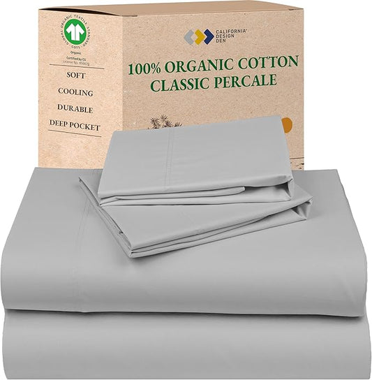 California Design Den Queen Bed Sheets - Soft 100% Organic Cotton Sheets with Deep Pockets, Crisp Percale, Breathable and Durable Bedding Set - Light Grey