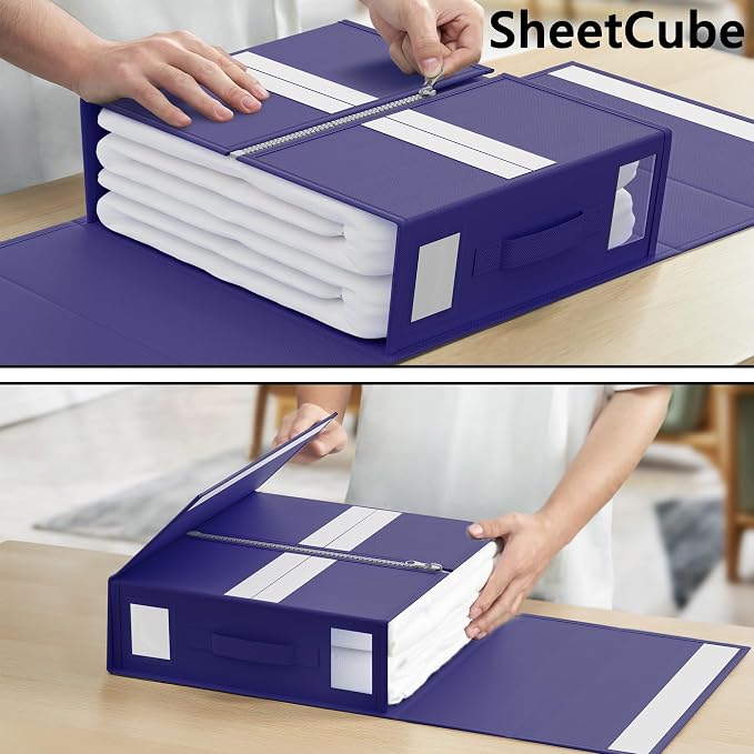 SheetCube Bed Sheet Organizers and Storage 6 Pack, Foldable Linen Closet Organizer with Window and Label, Bedding Folder Storage Box Container for Blanket, Duvet Cover Set, Bed Sheet Set - Navy Blue - Image 4