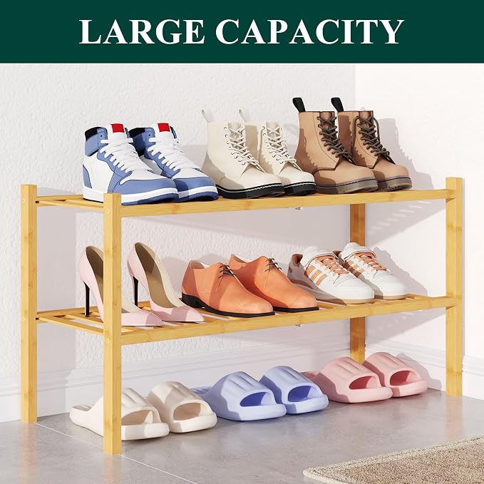 Smiry Bamboo Shoe Rack for Closet, 2 Tier Wooden Stackable Shoe Organizer, Free Standing Shoes Storage Shelf for Entryway, Front Door Entrance, Natural - Image 5