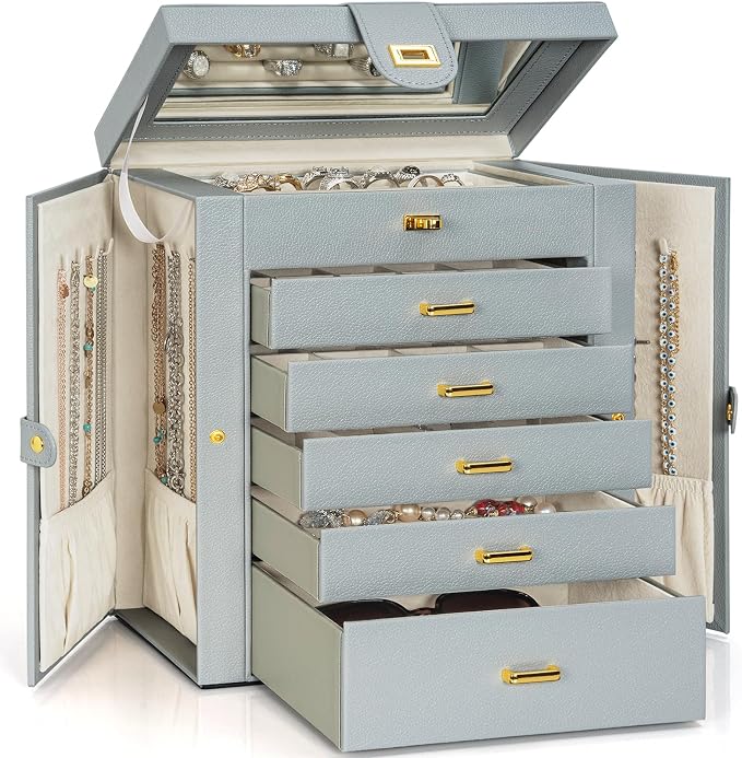 AKOZLIN Extra Large 6-Tier Jewelry Box Organizer Functional Huge, 5 Drawers Leather Jewelry Storage Case for Women Girls Ring Necklace Earring Bracelet Holder Organizer with Mirror Grey by AKOZLIN