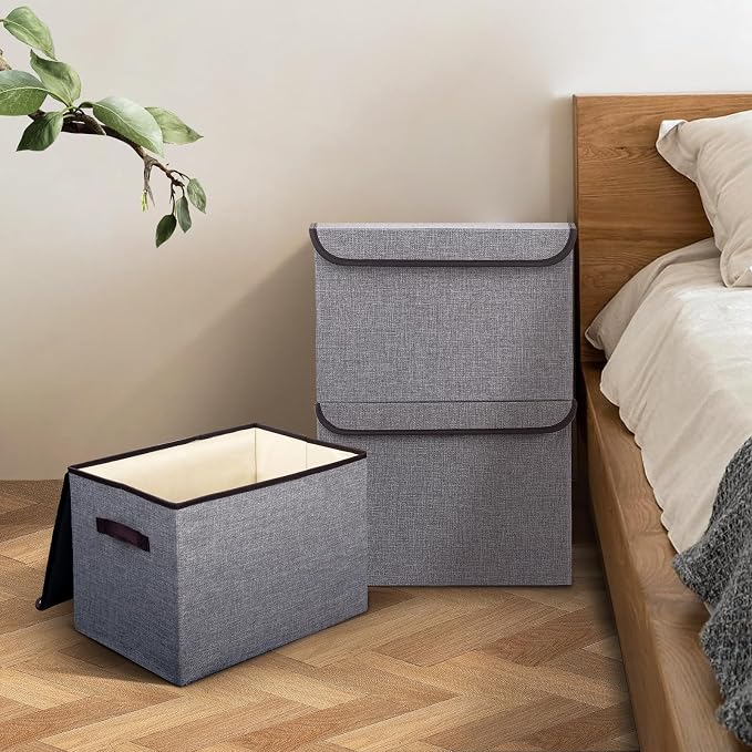 Bagnizer Linen Fabric Foldable Storage Cube Bin Organizer Basket with Flip-Top Lid & Handles, Large Clothes Blanket Box for Home, Office, Closet, Light Gray, 4 Pack 14.6 x 9.5 x 9.5” - Image 7