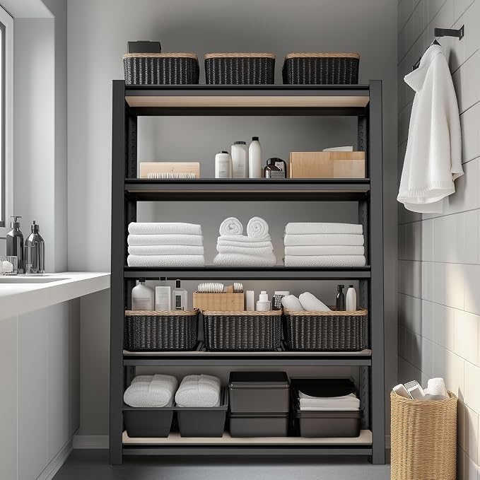 WORKPRO House 3000lbs 5-Tier Shelving Unit, 72" H Adjustable Storage Shelves, Boltless Book Shelf, Shelf Organizer for Kitchen, Living Room, Bathroom, Wood Grain Pattern, Waterproof Board, Black - Image 2