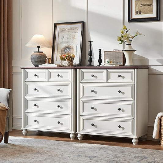 RWYHG Farmhouse 5 Drawer Dresser for Bedroom Set of 2, 35.5" Tall Small Dressers & Chest of Drawers, Rustic Wood Dresser with Roman Column, Storage Organizer for Living Room, Hallway, Closet (White)