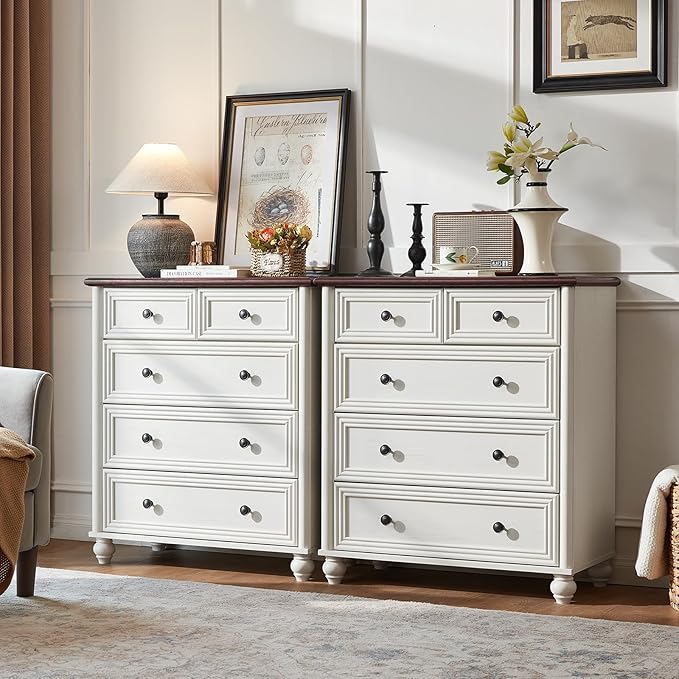 RWYHG Farmhouse 5 Drawer Dresser for Bedroom, 35.5" Tall Small Dressers & Chest of Drawers, Rustic Wood Dresser with Roman Column, Storage Organizer for Living Room, Hallway, Closet (White)