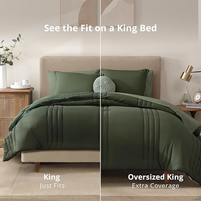 Monbix Oversized King Size Comforter Set - 7 Pieces Olive Green Bed in a Bag Oversized King Bedding Sets with Comforters, All Seasons Comforter Bed Set with Sheets, Pillowcases & Shams