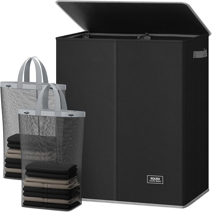 SOLEDI Double Laundry Hamper with Lid and Removable Laundry Bags,Divided Laundry Bin - Large Clothes Hamper 2 Section - Collapsible Laundry Baskets for Bedroom, Bathroom, Laundry Room,Black by SOLEDI