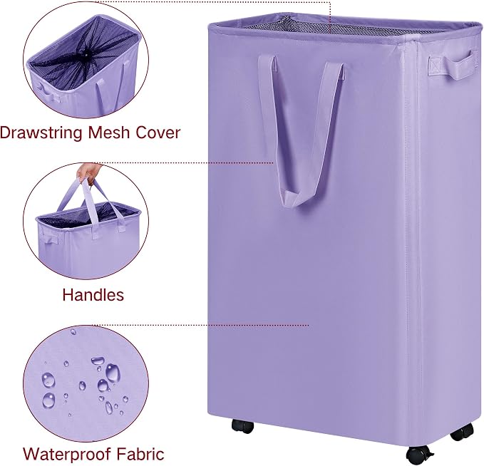 efluky Slim Laundry Hamper with Wheels, Rolling Laundry Basket for Clothes, Small Laundry Basket for Bedroom, Dorm and Laundry Room, 75L (19.8 Gallons) Purple - Image 3