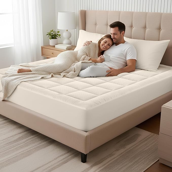 OLANLY Twin Quilted Fitted Mattress Pad, Elastic Fitted Mattress Topper, Cooling Soft Mattress Cover Stretches up to 21 Inches Deep, Machine Washable Mattress Protector (39x75 inch, Ivory White)