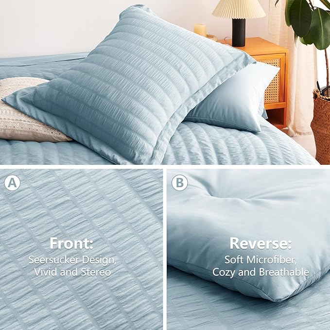 CozyLux Full Size Comforter Sets with Sheets 7 Pieces, Light Blue Seersucker Bed in a Bag Textured Luxury Soft Bedding Set with Down Alternative Comforter, Sheets, Pillowcases & Shams for All Seasons