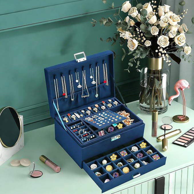 QBestry 3-Layer Jewelry Box for Women with Lock and Key & Drawer, Large Jewelry Organizer with 8 Necklace Hooks & 56 Earring Holes, Navy Velvet Jewelry Storage Box for Necklaces Earrings Ring Bracelet - Image 4