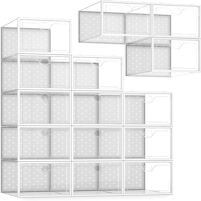 Pinkpum 15 Pack X-Large Shoe Storage Boxes Fit US Size 11, Shoe Organizer for Closet Clear Plastic Stackable Shoe Dispaly Case Holder Bins, Sneaker Storage for Sneakerheads White for Home and Family by Pinkpum