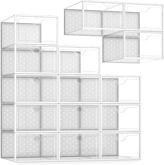 Pinkpum 15 Pack X-Large Shoe Storage Boxes Fit US Size 11, Shoe Organizer for Closet Clear Plastic Stackable Shoe Dispaly Case Holder Bins, Sneaker Storage for Sneakerheads White for Home and Family by Pinkpum