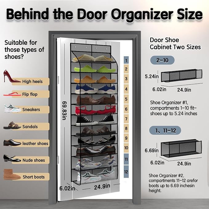 Kotkn Over The Door Shoe Organizer with 12 Large Breathable Pockets - Durable Hanging Storage for the Entire Family's Shoes (Gray) - Image 2