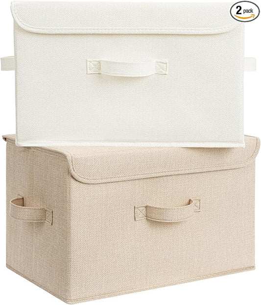 GRANNY SAYS Stoarge Basket with Lid, Decorative Storage Boxes, Closet Storage Bins for Clothes, Collapsible Stackable Organization, Ivory White&Khaki, 2-Pack by GRANNYSAYS