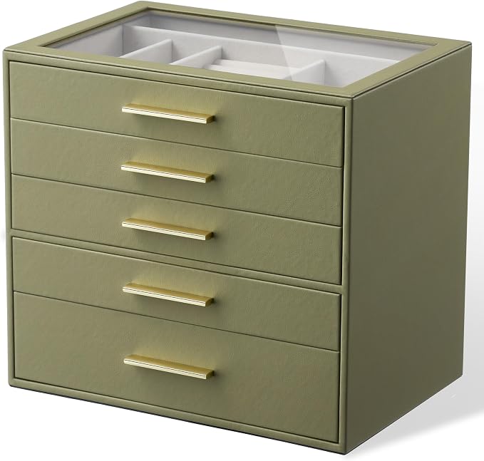 Jewelry Box Organizer Case for Women: 5-Layer Jewelry Storage Case with Glass Window, Olive Green Leather with Cream Velvet, Holder for Ring Necklace Bracelet Brooch Watch, Great Gift for Her by pickpiff