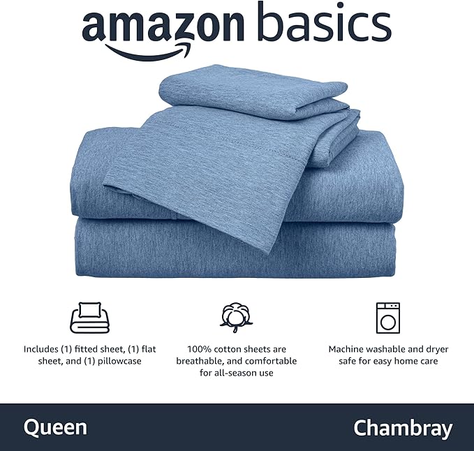 Amazon Basics 4 Piece Breathable Cotton Jersey Knit Bed Sheet Set with Deep Pockets, Stretchy Sheets, Queen, Chambray