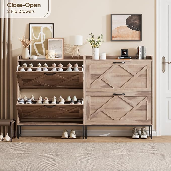 Nicetree Shoe Cabinet with 2 Flip Drawers，Freestanding Shoe Storage Cabinet, Narrow Shoe Organizer Cabinet, Farmhouse Slim Shoe Rack Cabinet for Entryway,Toasted Oak - Image 3