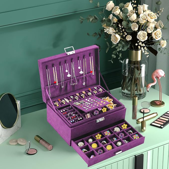 QBestry 3-Layer Jewelry Box for Women with Lock and Key & Drawer, Large Jewelry Organizer with 8 Necklace Hooks & 56 Earring Holes, Purple Velvet Jewelry Storage Box for Necklace Earring Ring Bracelet - Image 4
