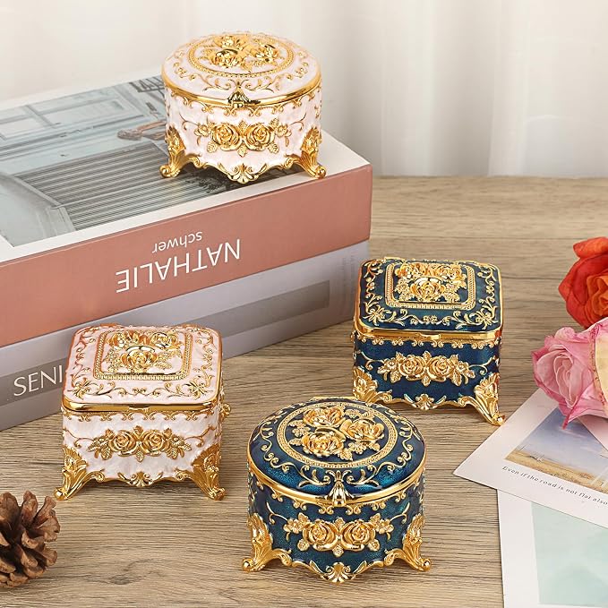Hipiwe Vintage Round Jewelry Box Small Trinket Storage Organizer Box Gold Metal Chest Ring Case Treasure Box Keepsake Box Earrings Necklace Storage Box Gift for Women, Small - Image 7