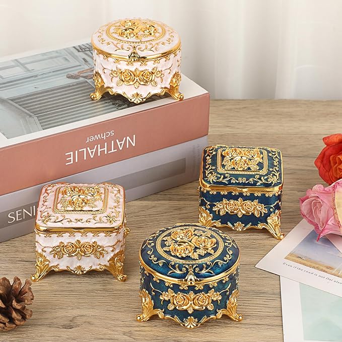 Hipiwe Antique Metal Jewelry Box Ring Earring Treasure Chest Case Small Trinket Box Round Jewelry Display Box Necklace Organizer Wedding Birthday Gift Home Decor, 3x3x2.4 inch - Image 6
