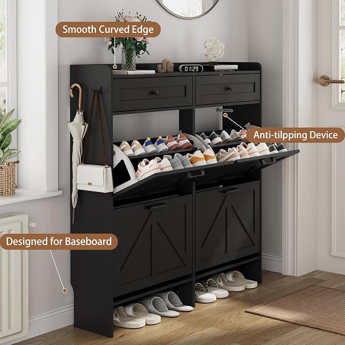 Shoe Cabinet with 4 Flip Drawers & 2 Top Drawers, 43" Tall Freestanding Narrow Wooden Shoe Storage Organizer for Entryway, Hidden Slim Shoe Rack for Front Door Entrance, Hallway, Living Room, Black - Image 5