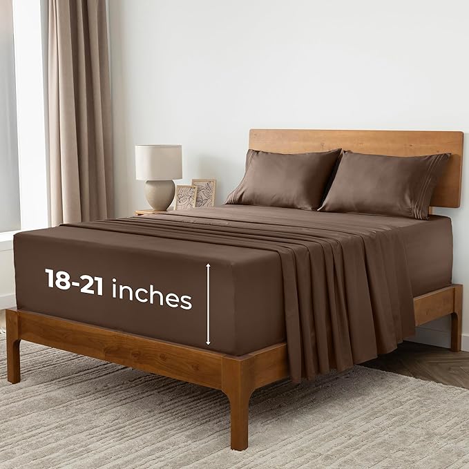 Mellanni Extra Deep Split King Sheets - 5 PC Iconic Collection Bedding - Hotel Luxury, Ultra Soft, Cooling Bed Sheets - Wrinkle, Fade, Stain Resistant (Split King, Brown)