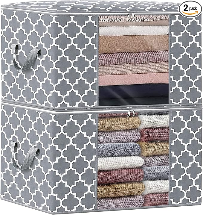 WISELIFE Storage Bags 100L 2-Pack Large Blanket Clothes Organization and Storage Containers for Bedding, Comforters, Foldable Organizer with Reinforced Handle, Clear Window, Sturdy Zippers, Light Grey