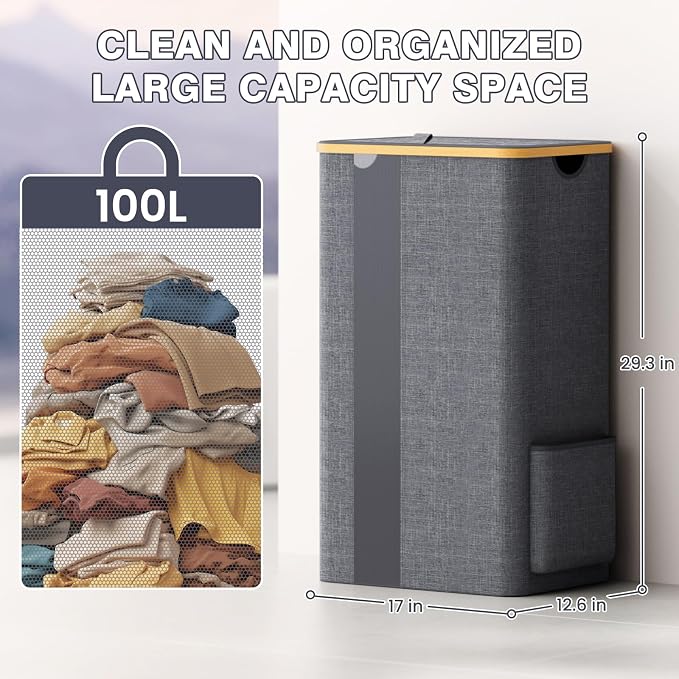 BlissTotes Laundry Basket with Lid, 100L Clothes Laundry Hamper with Handles and Removable Laundry Bag, Breathable Design Hamper with Lid for Bedroom, Bathroom, Dorm, Laundry Room - Light Grey - Image 3