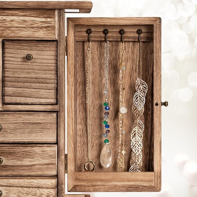Jewelry Box for Women, Rustic Wooden Jewelry Boxes & Organizers with Mirror & Drawers,6 Layer Jewelry Organizer Box for Rings Earrings Necklaces Bracelets (Carbonized Black) - Image 7