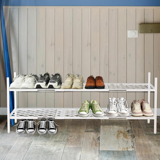 Shoe Rack, Expandable Shoes Organizer Metal Shelf Stand, 2 Tier Stackable Long Shoe Storage Holder For Closet, Floor, Entryway, Garage, Bedroom, Door Entrance For 12-18 Pairs, 45.6 inches White - Image 8