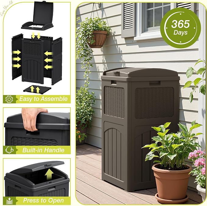 Greesum 33 Gallon Outdoor Trash Can with Lid, Waterproof Resin Garbage Bin for Hideaway, Deck, Patio, 3 Pack, Dark Brown - Image 4
