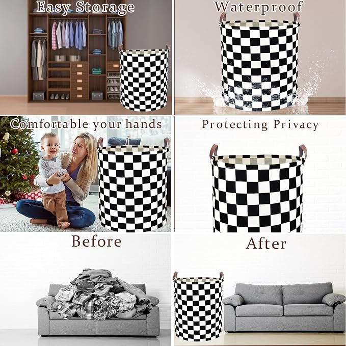 Waterproof Laundry Hamper Collapsible Laundry Basket Leather Handle Laundry Bag Large Clothes Storage Toy Organization for Bathroom Bedroom Laundryroom College Dorms (Hege-002) - Image 3
