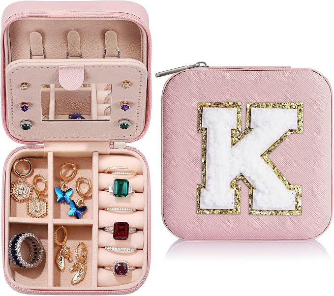 Parima Gifts for Women - Personalized Gift for Women, Birthday Gift for Woman, Travel Gifts, Small Gifts, Cute Travel Jewelry Cases Small Jewelry Box | Letter K, Pink by PARIMA