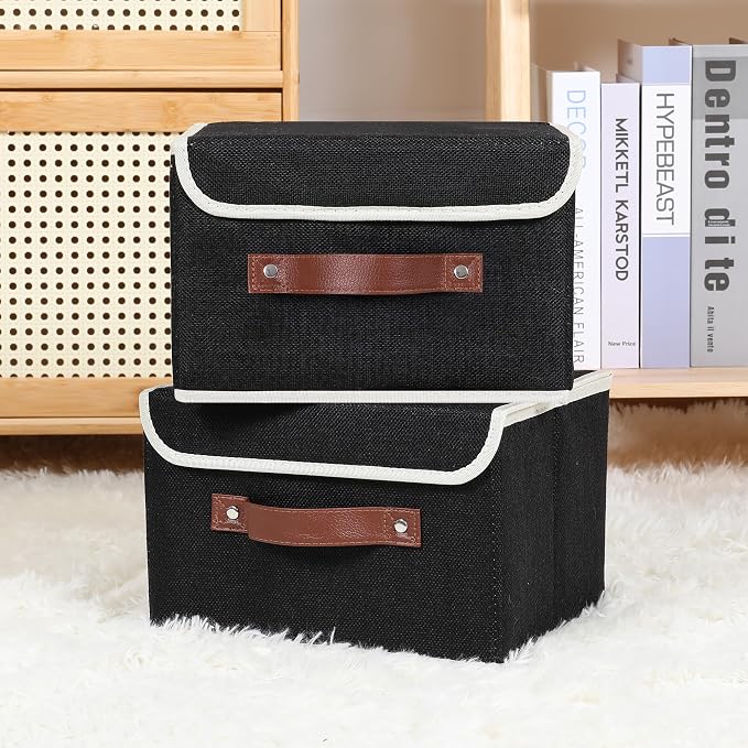 ANMINY 2PCS Storage Bins with Lid PU Leather Handles Storage Boxes PP Plastic Board Decorative Foldable Lidded Cotton Linen Fabric Home Cubes Baskets Closet Organizer Containers - Black, Small Size - Image 6
