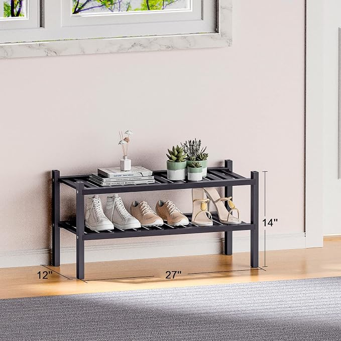 ROMGUAR CRAFT 2 Tier (Thick) Bamboo Shoe Rack for Closet Free Standing Wood Shoe Shelf for Entryway Small Space Stackable 27"x12"x14" (Black) - Image 3