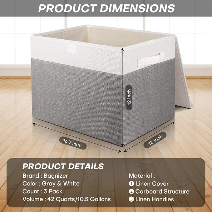 Bagnizer Large 17" 42 Quarts Collapsible Stackable Storage Bins with Lids [3-Pack] Foldable Fabric Linen Storage Boxes Cube, Closet Organizer Baskets with Label (16.7 x 12 x 12, Gray & White) - Image 2