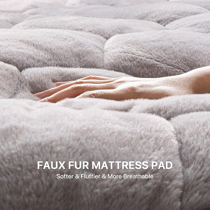 Faux Fur Fitted Mattress Pad Quilted Bottom Sheet, Fluffy Mattress Protector Cover, Luxury Soft Fitted Sheet Mattress Topper with 8-21" Deep Pocket Queen