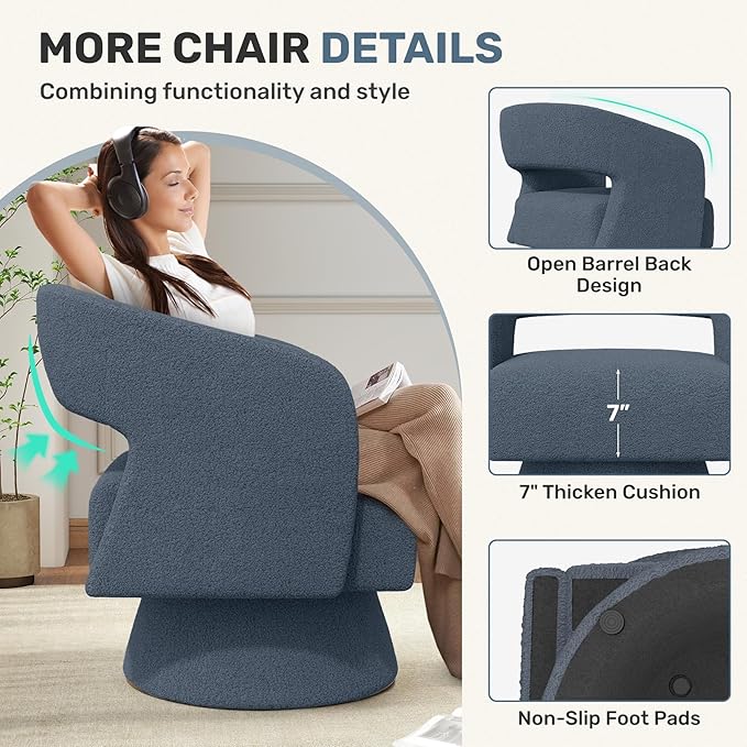 Nebuaegis Swivel Accent Chair, Modern Comfy Teddy Barrel Chairs, Oversized Upholstered Round Arm Chair for Living Room, Bedroom, Reading Room, Blue, 1 PCS