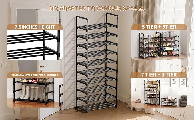 Shoe Rack, 10 Tier Shoe Storage Organizer,Fit 30-35 Pairs Shoes,Metal Tall Shoe Shelf for Closet,Entryway, Hallway,Garage,Bedroom,Cloakroom - Image 4