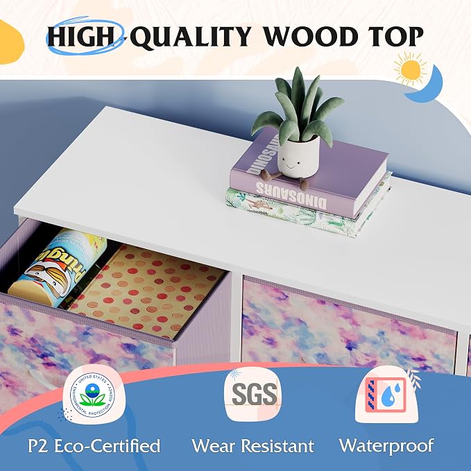 WLIVE 9 Drawer Dresser, Fabric Storage Tower for Bedroom, Hallway, Closet, Tall Chest Organizer Unit for Bedroom with Fabric Bins, Steel Frame, Wood Top, Tie-dye Print (Pink, Purple, Blue) - Image 6