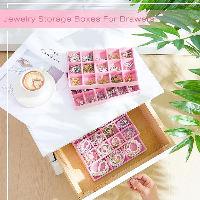 Junkin 12 Pcs Jewelry Tray Velvet Stackable Jewelry Organizer Trays Divided Earring Accessories Storage Containers Box (Rose Red) - Image 5