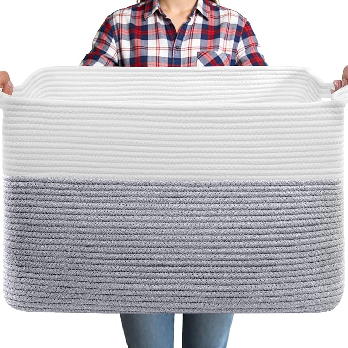 105L XXXL Large Blanket Basket, Rectangular Cotton Rope Basket, Laundry Hamper for Blankets, Pillows, Extra Large Toys Storage Bins for Kids, Dogs 25" x 16" x 16", White & Gray by Unknown