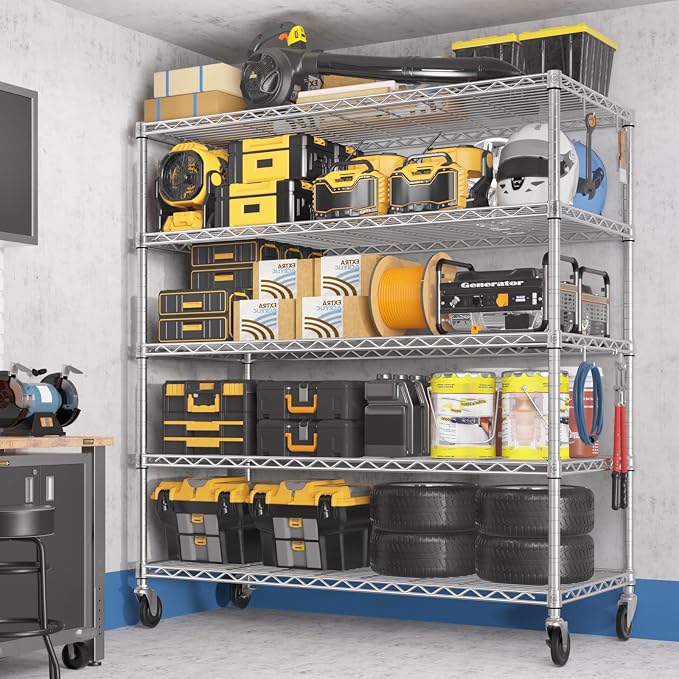 PrimeZone 5 Tier 48" Wx24''Dx81''H Wire Shelving with Wheels 3000lbs NSF Storage Shelves Heavy Duty Metal Shelf Adjustable Rolling Rack Commercial Garage Restaurant Warehouse Kitchen Chrome 6Pack - Image 2